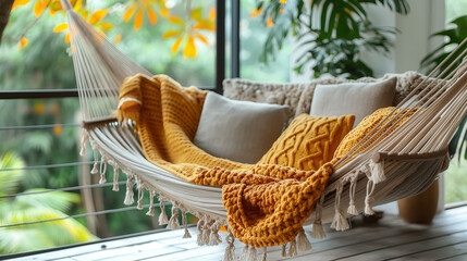 Terrace snug design idea with cozy hammock and yellow blanket - 780811362