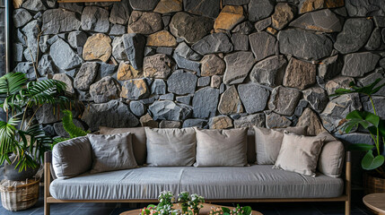 Cozy sofa on wild stone cladding wall background. rustic lounge area interior design.