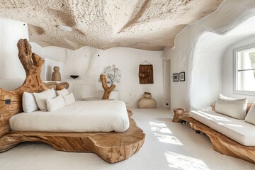 A white rustic Greek style bedroom with wood accents and a rough textured sandstone ceiling