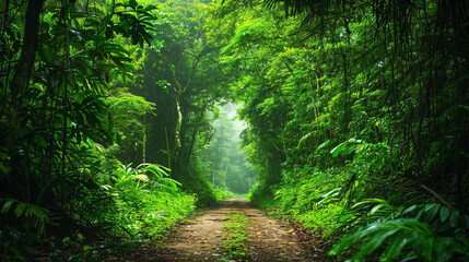 Deep tropical jungles of Southeast Asia. green trees tunnel extra wide background banner