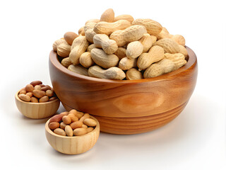 Peanuts in a wooden bowl isolated on a white background.