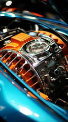 Studio lighting emphasizes the detailed, customized intake manifold of a high-performance vehicle