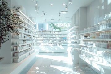 a blurred background showcases shelves filled with essential medical supplies in a pharmacy setting
