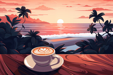 Coffee moment overlooking a tropical sunset. concept of peaceful relaxation and nature's beauty - 780811941