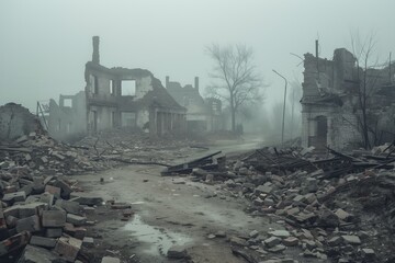 Foggy ruins of a decimated building complex