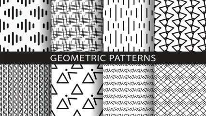 Set of abstract geometric seamless patterns. Black and white backgrounds from linear elements.