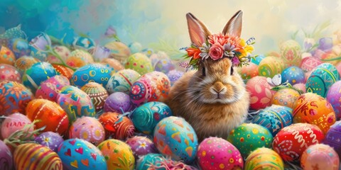 A cute organism, a bunny, adorned with a crown made of terrestrial plant petals, is joyfully surrounded by colorful easter eggs. It looks happy and ready for the festive event AIG42E