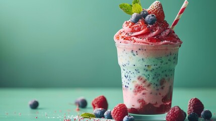 American summer holiday drink with layers of strawberry, coconut, and blueberry against green.