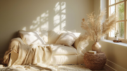 Cozy snug space in monochrome residential interior. Soft sofa with blanket and decor from dry plants - 780812365