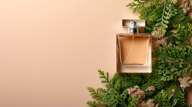 free space for title banner with Photos of perfume products right corner on light brown plane
