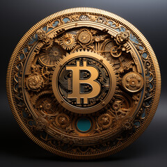 Digital illustration of a stylized bitcoin surrounded by detailed gears and cogs