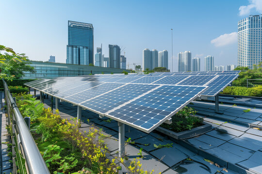 The image depicts a modern urban rooftop garden equipped with an array of solar panels, set against a backdrop of high-rise buildings under a clear blue sky