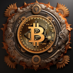 Ornate bitcoin emblem on dark background