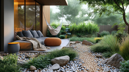 Cozy snug veranda patio design with wicker furniture in backyard garden - 780812741