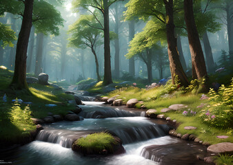 Green bright forest trees and path,Generative AI