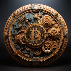 Intricate 3d illustration of bitcoin with steampunk-style gears on a dark background