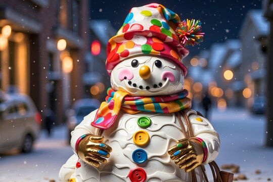 Winter christmas snowman illustration portrait holiday seasonal theme concept. 
