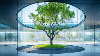 Eco-friendly building in modern city. Round office building with green tree inside. Futuristic architecture - 780812936