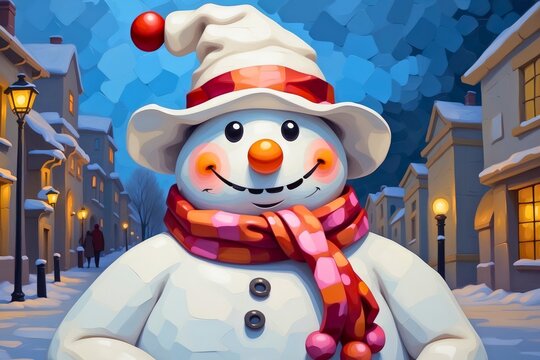 Winter christmas snowman illustration portrait holiday seasonal theme concept. 
