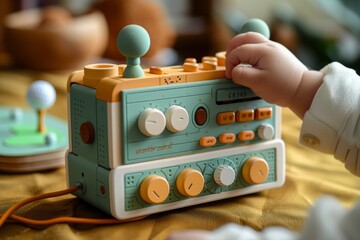 Young Child Interacting with a Retro-Style Music Synthesizer Toy Indoors