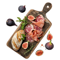 Food displayed on wooden cutting board with meat, figs, and bread on a transparent background