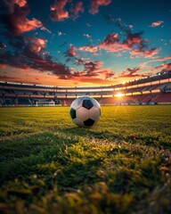 Soccer Ball on Stadium Grass at Sunset - Vibrant Sky