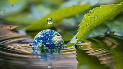 A symbolic representation of earth in a water drop under a green leaf