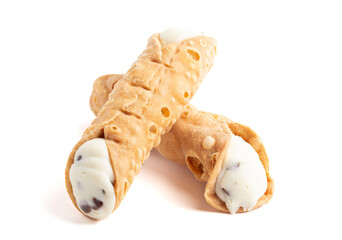 Delicious Chocolate Chip Marscapone Cheese Filled Cannoli Pastries Isolated on a White Background - obrazy, fototapety, plakaty