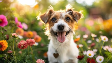 dog in a park filled with flowers, happy pets with heart