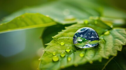 A symbolic representation of earth in a water drop under a green leaf