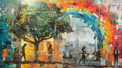 Obraz na płótnie Canvas Visual narrative on eco-awareness, with rainbows and solar panels, highlighting sustainable choices