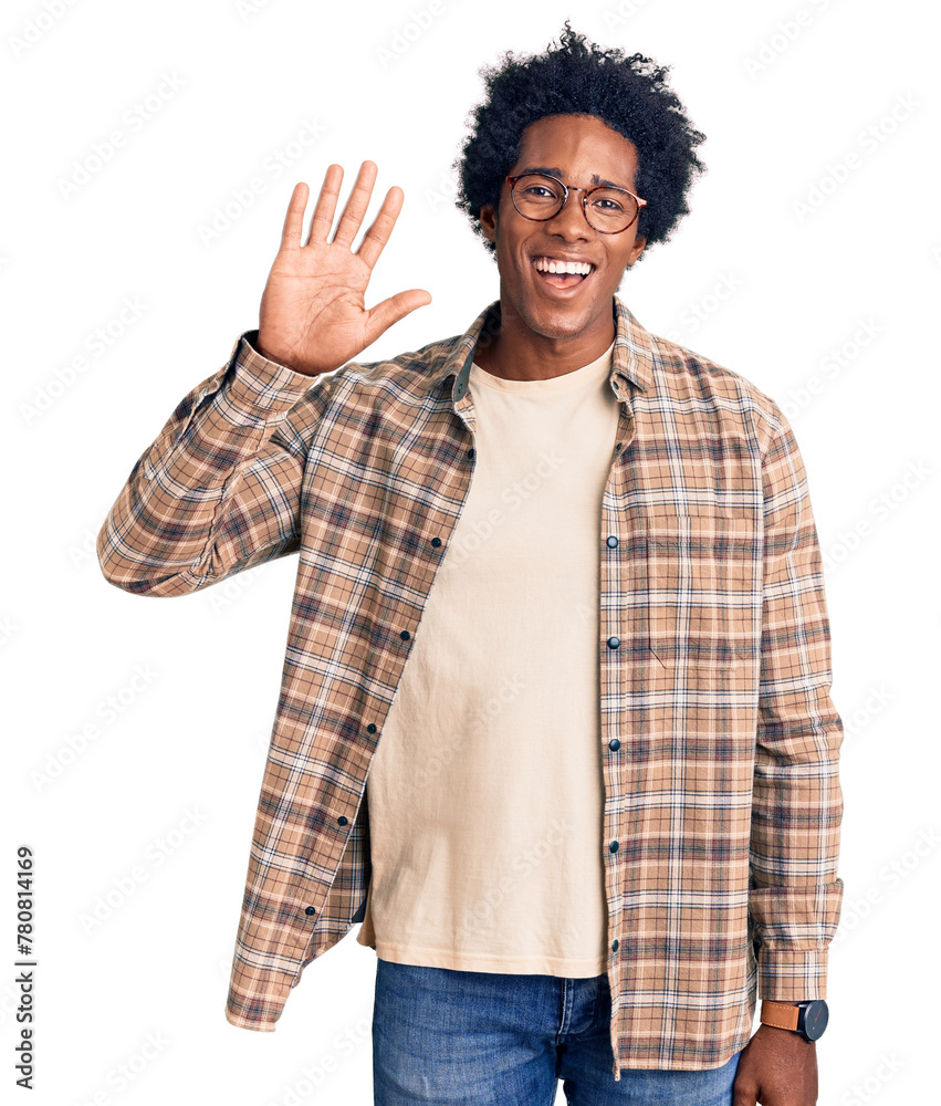 Poster Handsome african american man with afro hair wearing casual clothes and glasses waiving saying hello happy and smiling, friendly welcome gesture