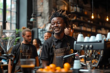 Friendly people chatting in coffeeshop bar barista bartender smiling coffee morning routine caffeination chatter discussion friends having fun enjoying day off work occupation job enjoying life - Powered by Adobe