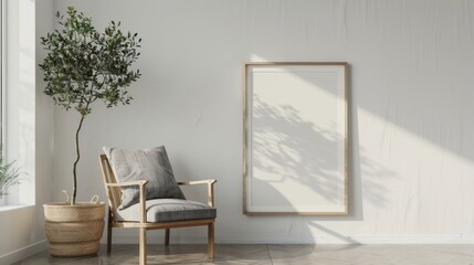 Minimalistic interior poster mockup featuring a vertical empty wooden frame on a floor - obrazy, fototapety, plakaty