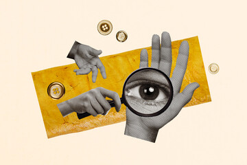 Composite collage image of hands hold magnifier loupe eye spying watching investigation fantasy...