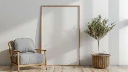 Minimalistic interior poster mockup featuring a vertical empty wooden frame on a floor