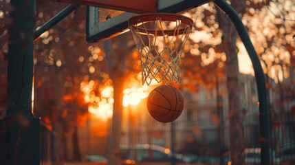 a basketball going through the hoop, cityscape