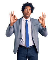 Handsome african american man with afro hair wearing business jacket relaxed and smiling with eyes closed doing meditation gesture with fingers. yoga concept.