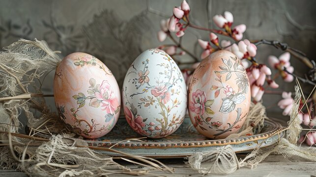 Elegant color Easter eggs in shabby style.