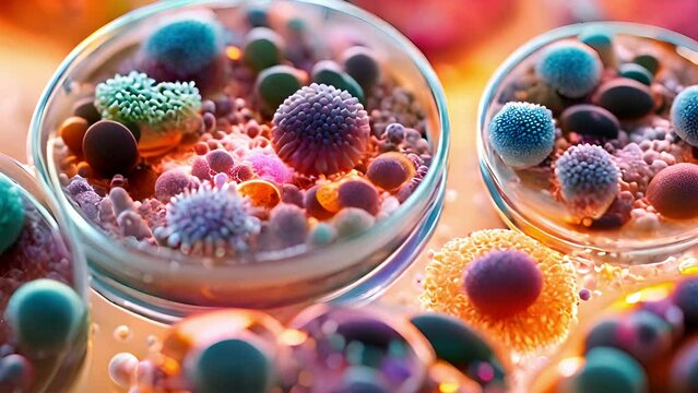 Colorful bacteria colonies growing in petri dishes close-up