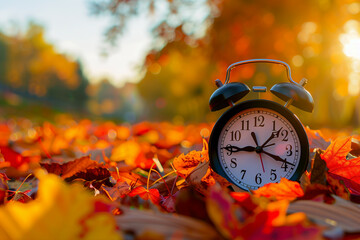 An old-fashioned black alarm clock with twin bells sits on a bed of fallen maple leaves, indicating...