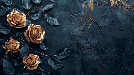 Golden roses with dark blue leaves on textured dark background - valentine's day card design background element with copy space.