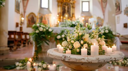 Magnificent baptismal font inside a church - candles and floral decoration - religious ceremony of baptism