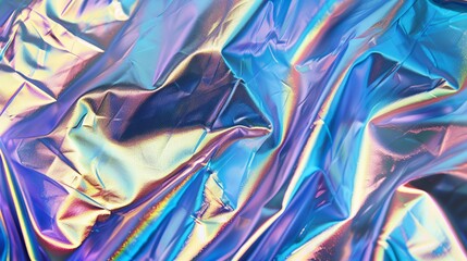Metallic rainbow holographic texture. Close up of shimmering textile of padded puffer jacket, coat. Fashion trend