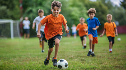 Football soccer training for kids. children football training scene. boys happily chasing the...