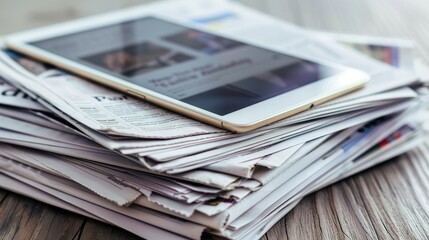 A digitally rendered image featuring a modern tablet displaying a fictional news website