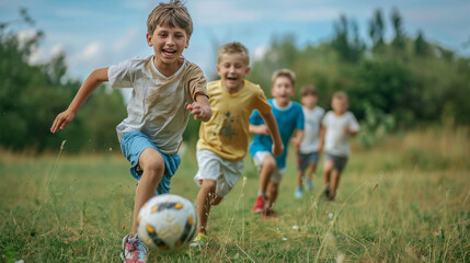 Football soccer training for kids. children football training scene. boys happily chasing the football on grass field.