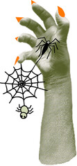 Collage elements hand palm. Halloween halftone zombie hands, severed fingers . Decoration banner for 31 Oktober events. Trendy poster in paper cut style. Vector illustration