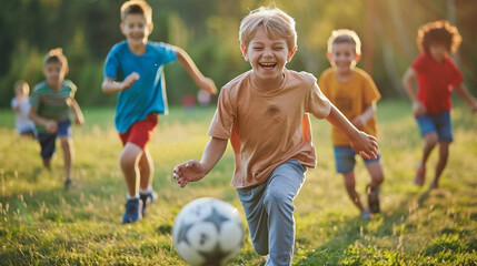 Football soccer training for kids. children football training scene. boys happily chasing the football on grass field.