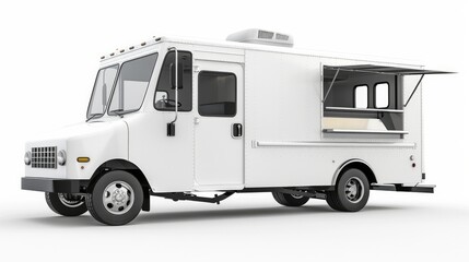 A realistically rendered white food truck, isolated on a white background